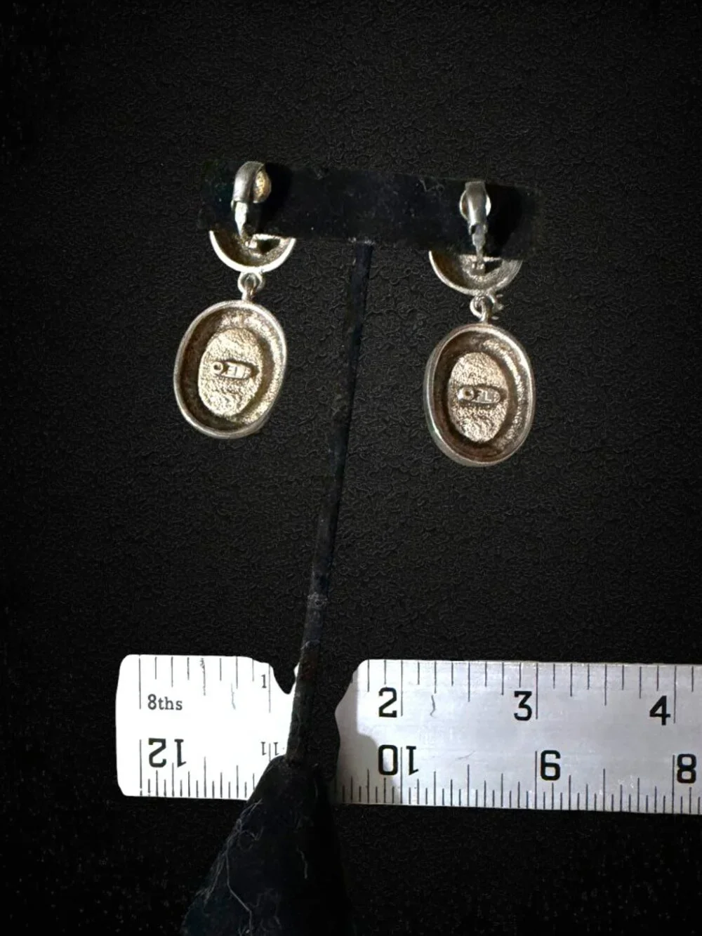 Vintage Goldstone Clip On Earrings Silver Tone Dangle Artisan Retro